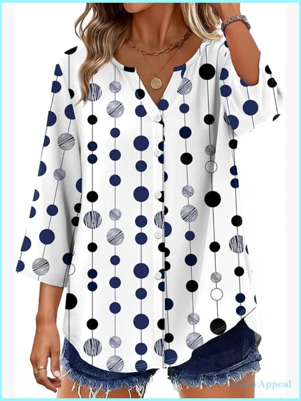 3/4 Sleeve V-Neck Button Down Blouse Business Casual Loose Fit Tops
